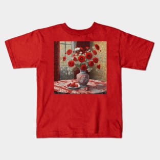 Chrysanthemums and Babys Breath in Clay Vase Still Life Painting After Klimt Kids T-Shirt